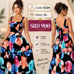 Home Dames maxi jurk met kleurrijke bloemenprint, zwarte basis, elegante rugstrik, maat XL, code DJ24 voor damesmode.