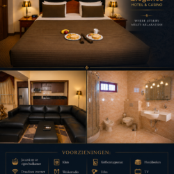Boek uw verblijf bij Elegance Hotel & Casino, luxe Penthouse Suite met kingsize bed, jacuzzi, volledig uitgeruste keuken & panoramisch uitzicht.
