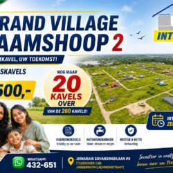 Grand Village Braamshoop 2 eigendomskavels vanaf €17.500 in Suriname met nutsvoorzieningen en rustige verkaveling.