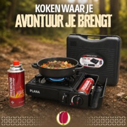koken tijdens kamperen, Plana portable gas stove met premium butane gas cartridge voor kamperen en buiten koken, verkrijgbaar bij Tulip Suriname